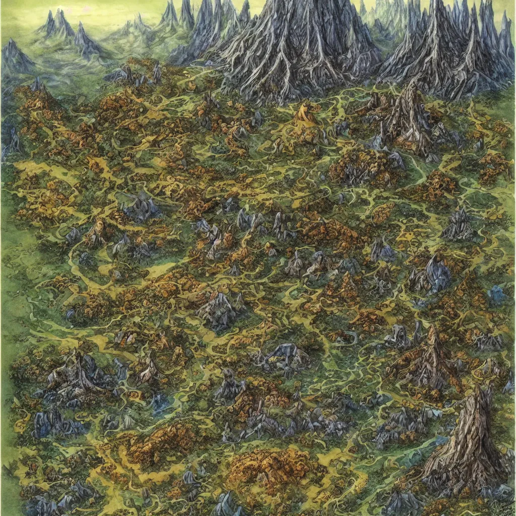 Image similar to an isometric fantasy forest, the land of Odrua, uncluttered, bordered by ocean, continent with mountains lakes hills and cities, by brian froud by jrr tolkien