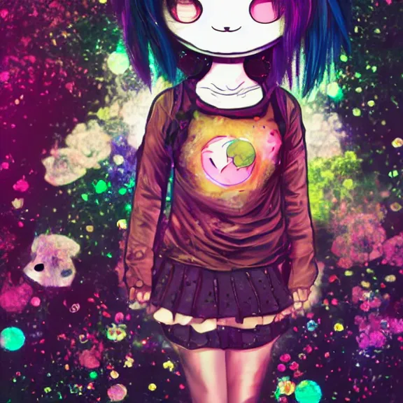 Image similar to photo of a emo manic pixie dream girl, 8k, portrait | sanrio glitchcore yokai girl, shadowverse character concept, found footage horror, glitter gif