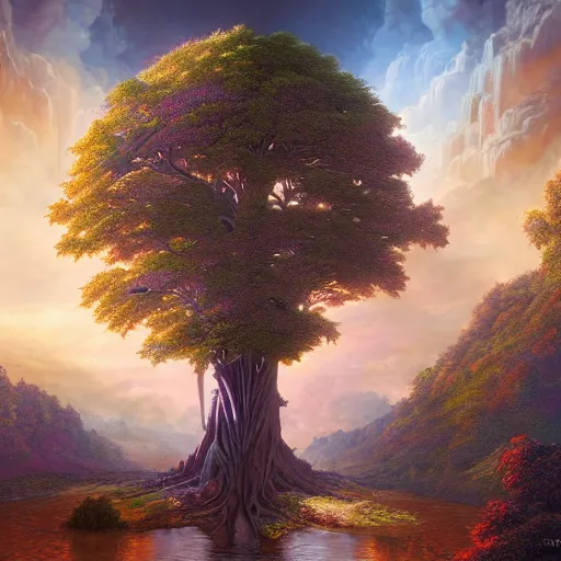 Prompt: tree of life, four seasons, volymetric light, highly detailed matte painting by ( ohrai ), charlie bowater and mark brooks and