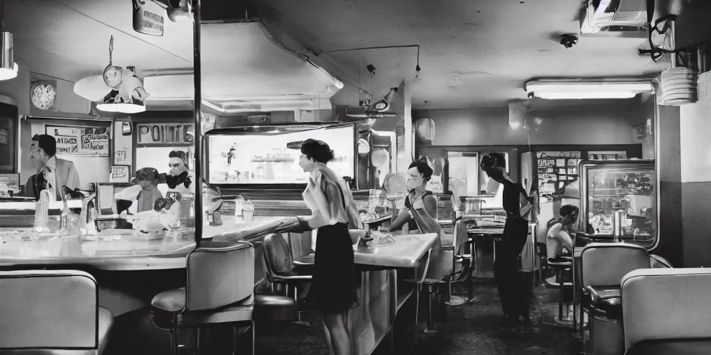 Image similar to detailed sharp photograph in the style of popular science circa 1 9 5 5 and gregory crewdson of a 1 9 5 0 s small town night inside a diner with a teenage girl at the counter drinking a milkshake