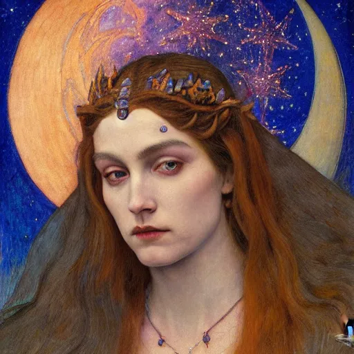 Image similar to queen of the moon with stars in her hair, by annie swynnerton and tino rodriguez and donato giancola and nicholas roerich and jean delville and diego rivera, dramatic lighting, god rays, geometric tattoos, rich colors, smooth sharp focus, extremely detailed, adolf wolfli