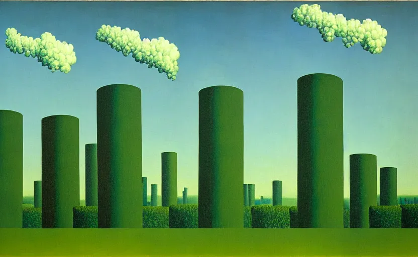 Prompt: industrial chimneys rising out of the undergrowth by rene magritte