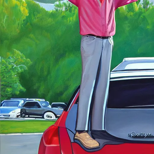 Image similar to larry david standing on roof of prius, painting