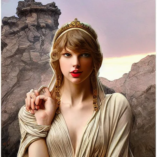 Prompt: intense portrait of taylor swift as a stone statue, intricate, elegant, highly detailed, sharp focus, art by artgerm and greg rutkowski and alphonse mucha