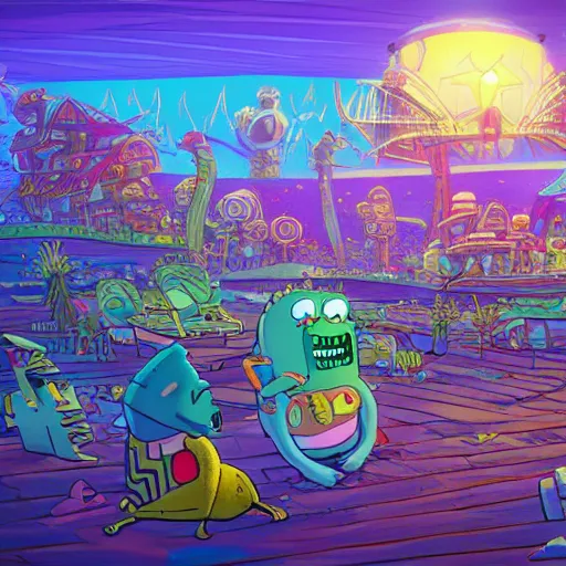 Image similar to bikini bottom drawn by stephen hillenburg, dynamic lighting, fantasy concept art, trending on art station, stunning visuals, creative, cinematic, ultra detailed