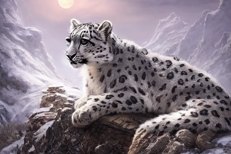 Image similar to Snow leopard on a beautiful fantasy landscape, mountainside, winter, moonlit, HD, illustration, epic, D&D, fantasy, intricate, elegant, highly detailed, digital painting, artstation, concept art, smooth, sharp focus, illustration, wallpaper, art by artgerm and greg rutkowski and alphonse mucha and jin xiaodi