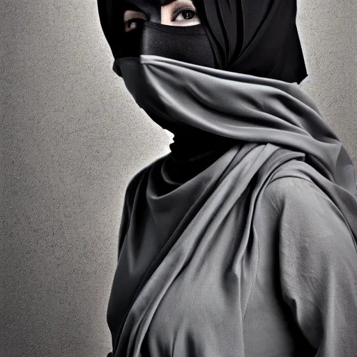 Prompt: ultra - photorealistic, a portrait of a masked woman hijabi wearing burqa and handling riffle worn on the chest, 4 k, 8 0 0 mm, uhd, vogue, winning photo of the year