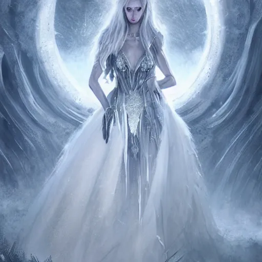 Image similar to kerli koiv as a ice queen full ball gown dress, darkwave, darksynth, concept art, sharp, digital matte painting, art by luis royo, greg rutkowski, wlop, dramatic lighting, trending on artstation