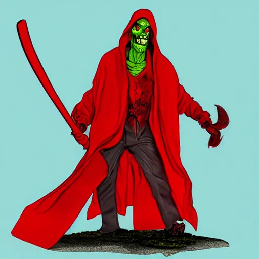 Image similar to an image of a 7 foot tall zombie lord in red robes holding a scythe