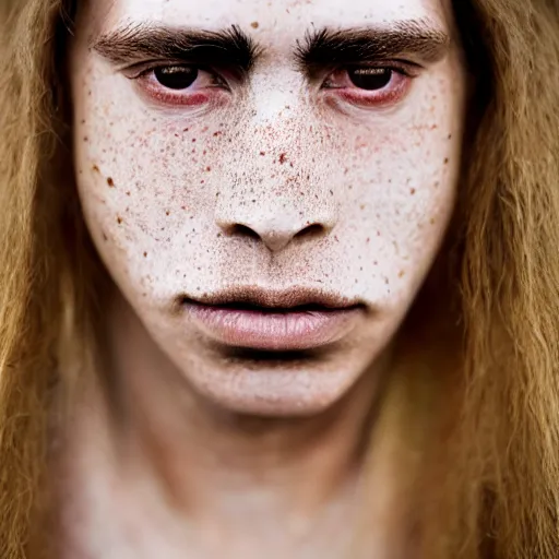 Image similar to minimalist photography portrait of a neanderthal woman, symmetrical, super close up, mid thirties, freckles, cute round slanted eyes, caucasian, wide nostrils, high cheekbones, high flat eyebrows, leica 1 0 0 mm f 0. 8