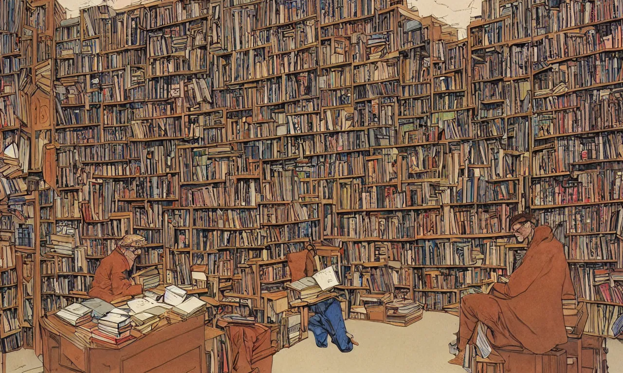 Image similar to bookseller in a bookstore moebius