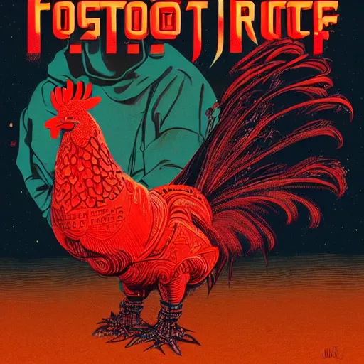 Image similar to a portrait of a robotic rooster wearing a hoodie, science fiction, retro cover, high details, intricate details, by vincent di fate, artgerm julie bell beeple, 60s, inking, vintage 60s print, screen print