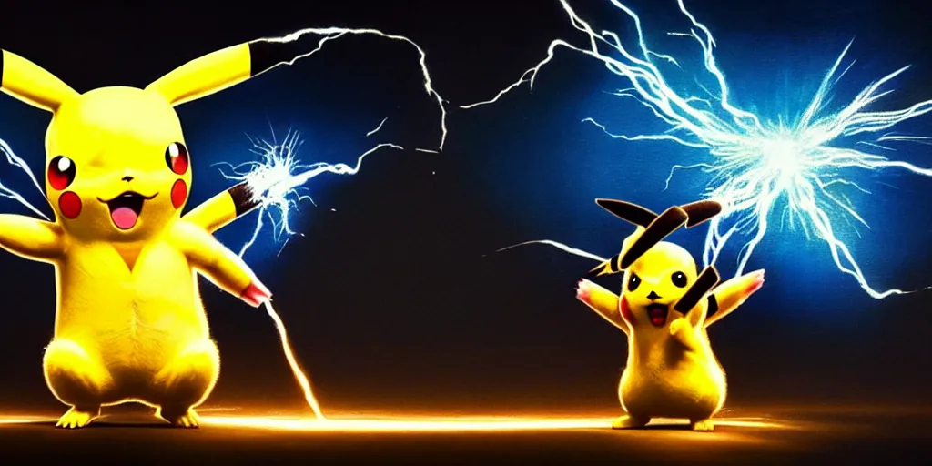 Image similar to hyperrealistic mixed media painting of Pikachu electrocuting a neo nazi, stunning 3d render inspired art by P. Craig Russell and Barry Windsor-Smith + dim volumetric lighting, dizzy, full body, 8k octane beautifully detailed render, post-processing, extremely hyperdetailed, intricate, epic composition, grim yet sparkling atmosphere, cinematic lighting + masterpiece, trending on artstation, very very detailed, masterpiece, stunning