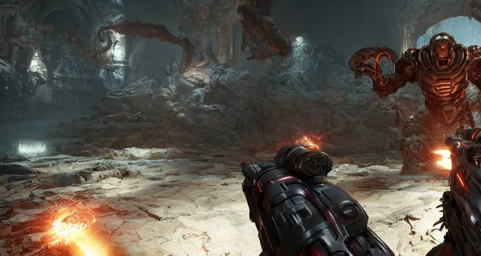 Prompt: gameplay of doom eternal, shooting a demon monster, ambient lighting, concept art, intricate, hyper detailed, smooth, action, volumetric lighting, 3 d render, unreal, octane