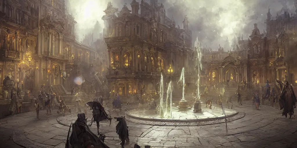 Prompt: fountains in the town square of the baroque era, magical clerics, staffs, books, choir, hearthstone art style, epic fantasy style art by Craig Mullins, fantasy epic digital art, epic fantasy card game art by Greg Rutkowski