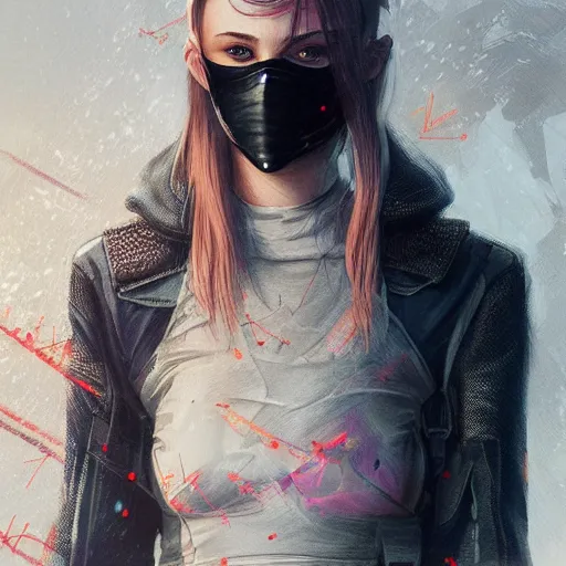 Image similar to sophie turner, streetwear techwear cyberpunk style outfit, partial mask, detailed portrait, intricate complexity, by greg rutkowski, cushart krentz, artgerm, ross tran, conrad roset, takato yomamoto, ilya kuvshinov. 4 k, beautiful, cinematic dramatic atmosphere, portrait lighting