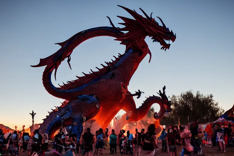 Image similar to firebreathing dragon statue at a festival in the desert at night, wide angle, F 1.4