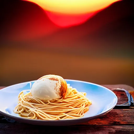 Image similar to single scoop of vanilla ice cream on top of a plate of steaming spaghetti, high resolution photograph, picnic at sunset