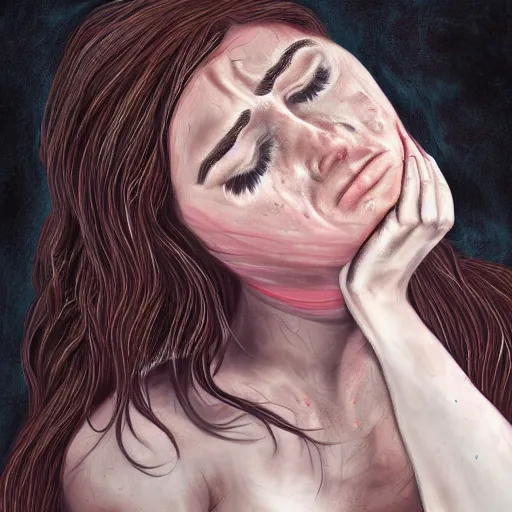 Prompt: a young woman crying while holding a broken heart, sad, despair, heartbreak, pain, hurt, emotional, detailed, digital painting