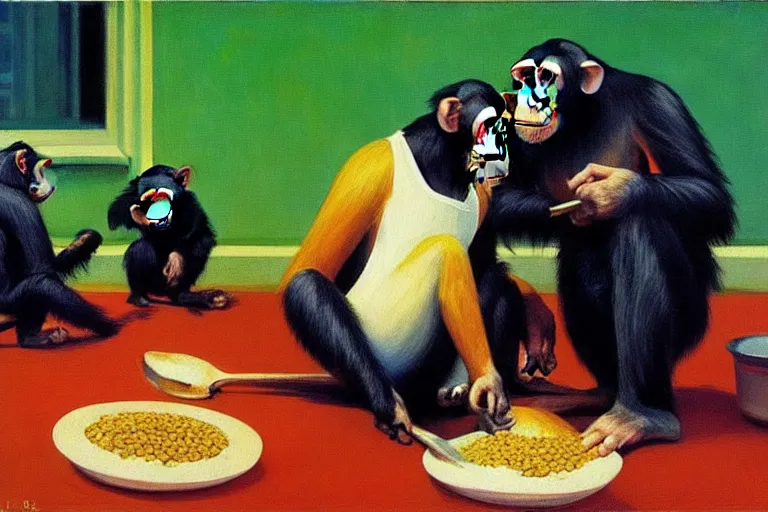 Prompt: a highly detailed painting of chimpanzees cooking lentil dhaal, by Edward hopper