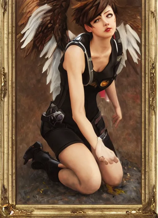 Image similar to oil painting of tracer overwatch in the style of sophie anderson, on knees, angel wings, black outfit,