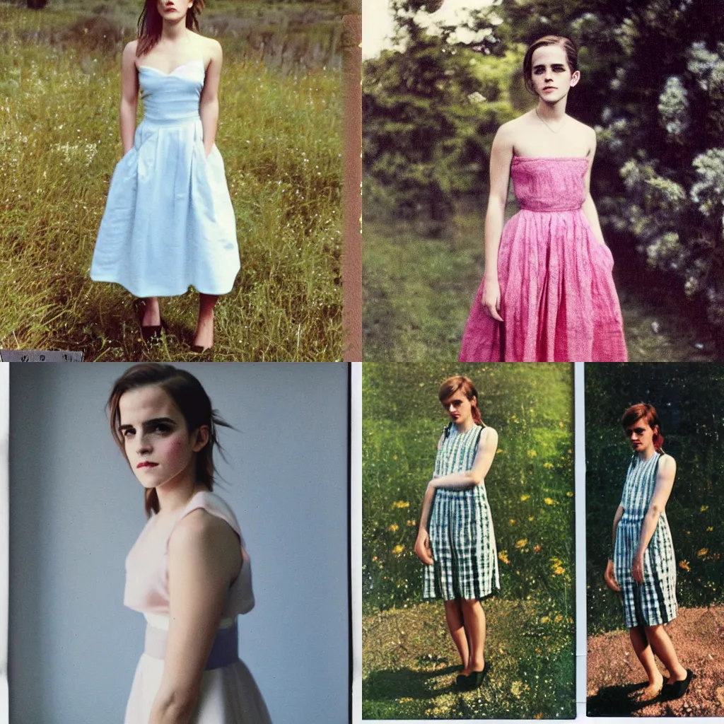 Prompt: color polaroid of Emma Watson by Andrei Tarkovsky full length shot, wearing in a summer dress