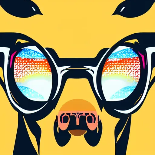 Prompt: a closeup of a giraffe wearing shades, in retro colors, synthwave style, 2 d digital vector art