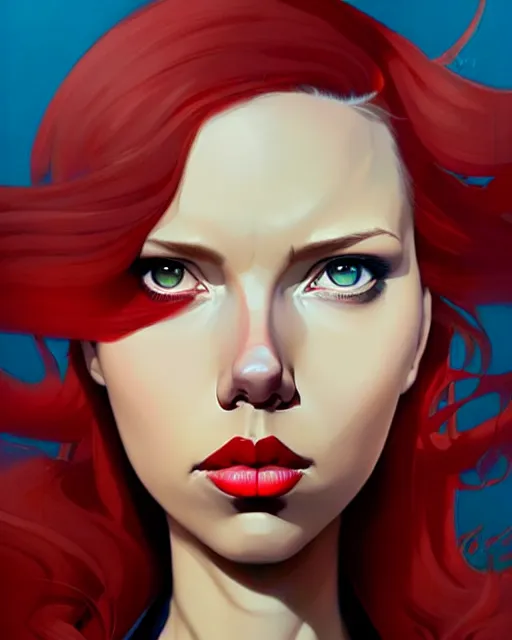 Image similar to peter mohrbacher, phil noto, artgerm, pretty scarlett johansson black widow, symmetrical eyes, long red hair