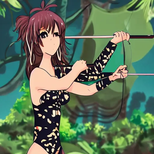 Prompt: anime style woman in leopard print bikini shooting bow and arrow in the jungle