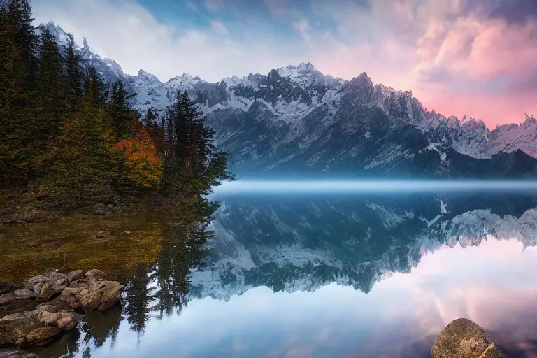 Prompt: photograph of mountains with a lake in front of them, trees on the side, rocks in foreground by marc adamus
