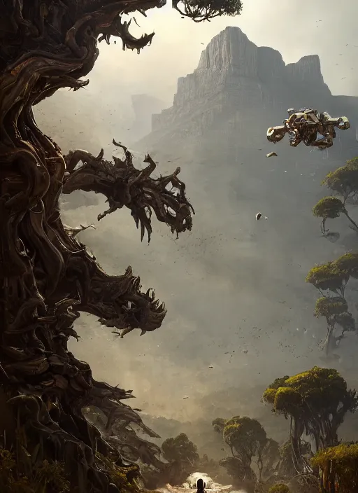 Image similar to hyper realistic robot attacking cape town city beautiful details, gnarly trees, strong composition, poster painted by greg rutkowski, concept art, arcane style, hearthstone wizards of the coast norman rockwell, james gurney and greg rutkowski weta studio, and lucasfilm and best of artstation