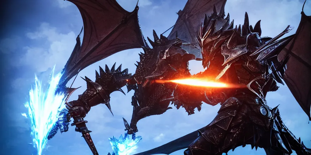 Image similar to closeup of a 3 d model of knight with a lance and shield in the style of final fantasy and a 3 d model dragon in the style of monster hunter breathing fire on him, realistic, fisheye lense, blue and orange lighting, rim lighting, cinematic feel, in a forest, art by unreal engine 4, game art, trending on art station