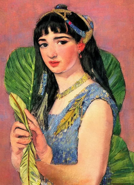 Prompt: vintage beautiful painting of cleopatra holding a big golden leaf in a river in Mary Cassatt style