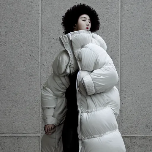 Image similar to well lit fashion shoot portrait of extremely beautiful female marble statue wearing huge over size puffer jacket by dingyun zhang, yeezy, balenciaga, vetements, a cold wall, sharp focus, clear, detailed,, cinematic, detailed, off white, glamourous, symmetrical, vogue, editorial, fashion, magazine shoot, glossy