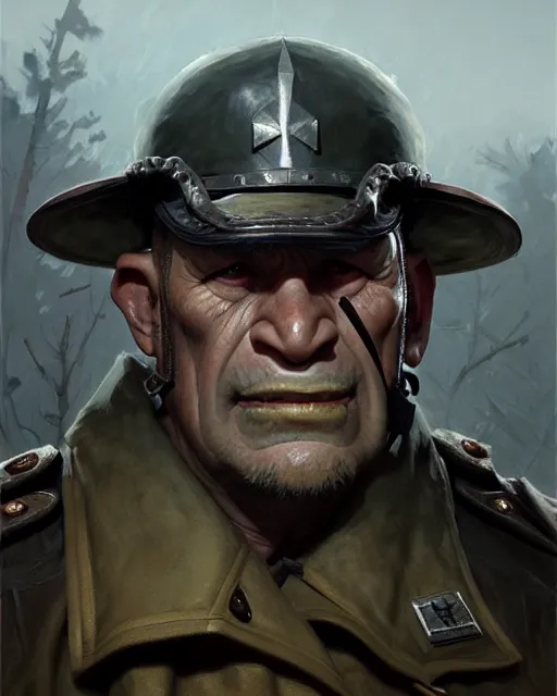 Image similar to orc ww 2 general | | realistic shaded, fine details, realistic shaded lighting painting by greg rutkowski, diego gisbert llorens, magali villeneuve, artgerm, jeremy lipkin, michael garmash, rob rey