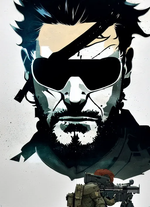 Image similar to highly detailed closeup of a moody solid snake mgs in codek by atey ghailan, by greg rutkowski, by greg tocchini, by james gilleard, by joe fenton, by kaethe butcher, by yoji shinkawa, gradient blue, black, brown and white color scheme muted tones, grunge aesthetic!!! white graffiti tag wall background