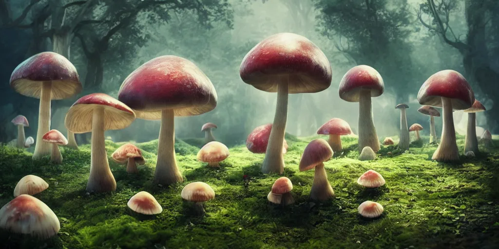 Prompt: alice in wonderland giant mushrooms, 3 d, mistic atmosphere, cute, octane render, redshift render, intricate, insanely detailed, morning light, ambient occlusion, sub surface scattering, well rendered