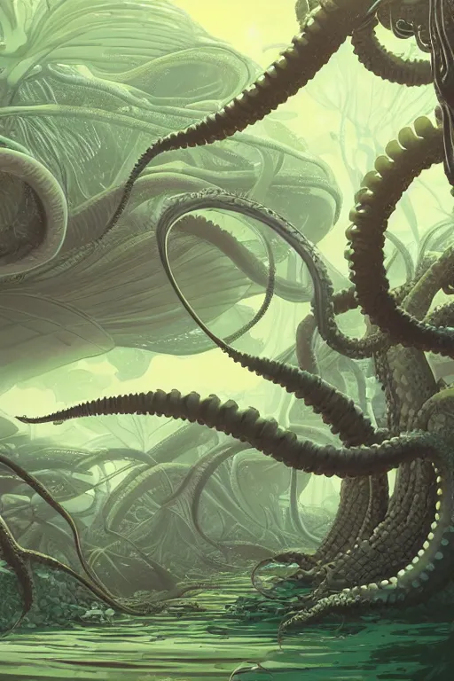 Prompt: concept art painting of an alien world with tentacle trees, artgerm, moebius, inio asano, toon shading, cel shading, calm, tranquil,