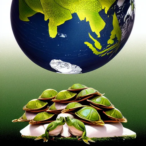 Image similar to a stack of turtles beneath a globe of the earth, earth globe on top