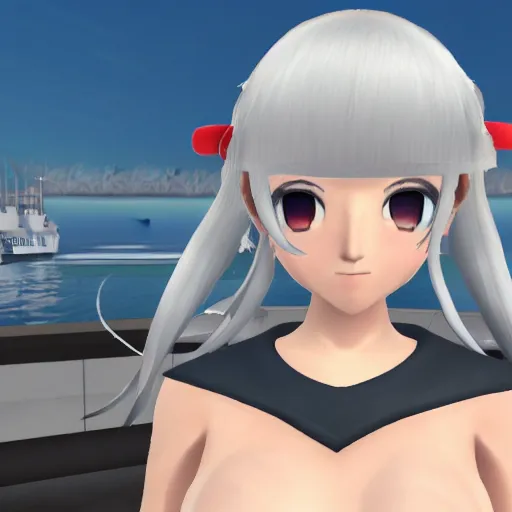 Prompt: A quick camera shot of Northern Princess from Kantai Collection in vrchat. Cute screenshot from a public lobby.Round eyes , white hair,Anime 3D style ,CGI graphics