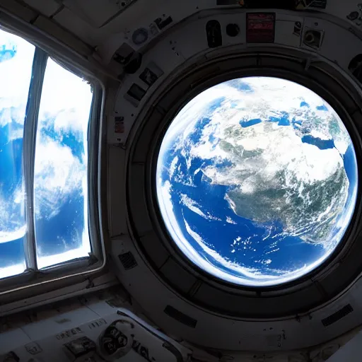 Prompt: planet earth through a window in a space station, digital art, unsaturated, matte, in the style of interstellar