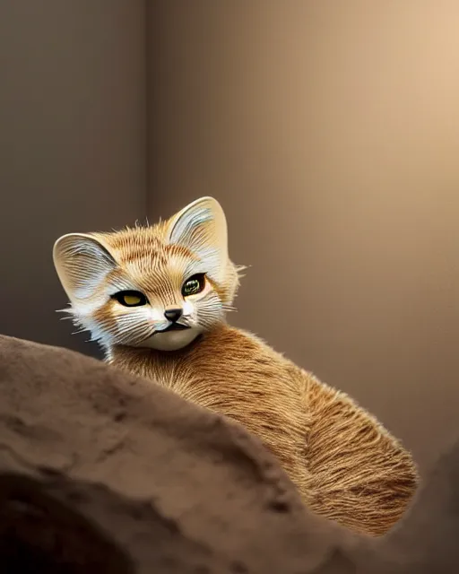 Prompt: very beautiful portrait of an extremely cute and adorable sand cat in a cozy pixar style living room, smooth, perfect face, fantasy, character design by mark ryden and craola, sharp focus, concept art, intricate detail, cinematic lighting, hyperrealistic, 5 0 mm, diorama macro photography, 8 k, nature