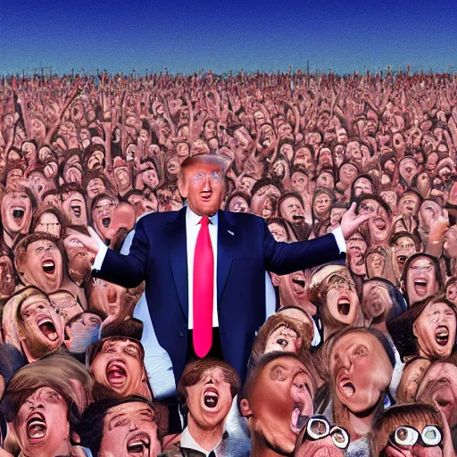 Image similar to donald trump as the sun looking over a field of screaming teenagers. digital painting, high detail, 8 k, film still