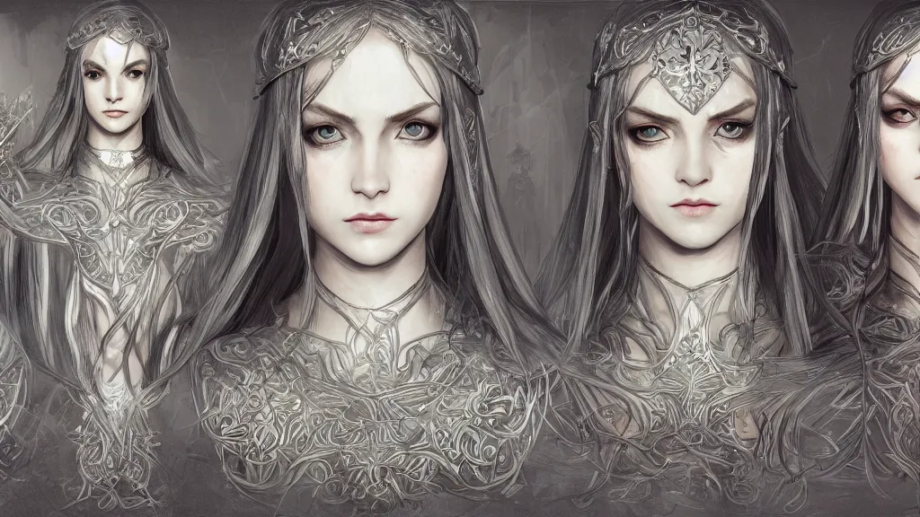 Prompt: concept art sheet, photorealistic symmetrical beautiful young female priestess with shiny hair wearing full intricate clothing, intricate, cg society, Elden Ring, darksouls, bloodborne