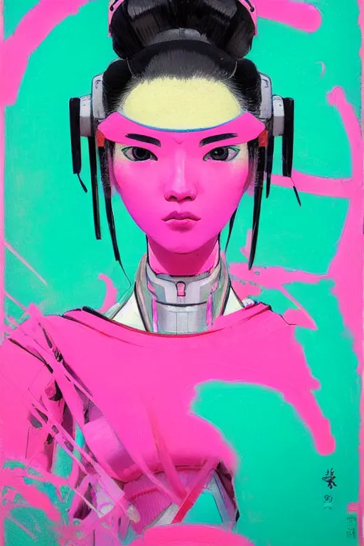 Image similar to portrait of a stylized japanese young mecha - geisha, painted in acrylic, pigment textures, in the colors hot pink and cyan, beautiful realistic face, rule of thirds, spotlight, by greg rutkowski, by jeremy mann, by francoise nielly, by van gogh, by ross tran, in focus, in the style of ghost in the shell