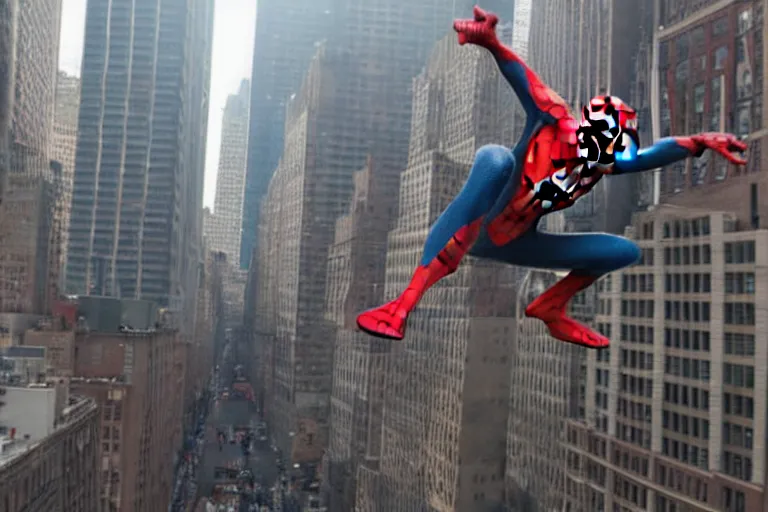 Prompt: Spider-Man swinging through New York by Emmanuel Lubezki