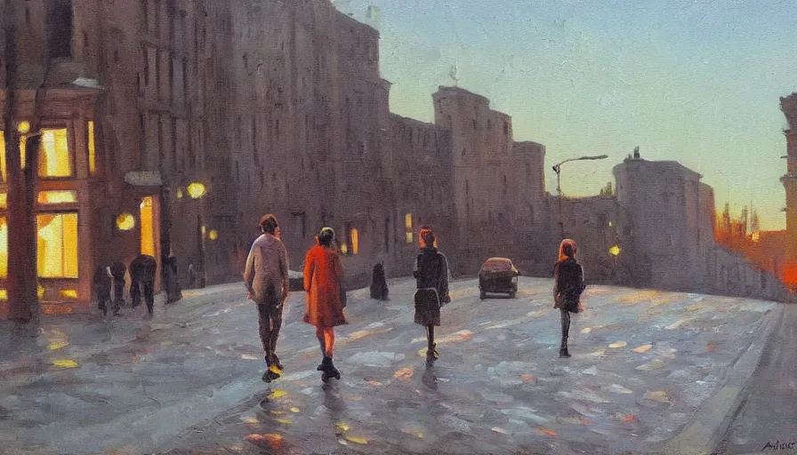 Prompt: painting by artemov leonid, evening landscape in the city and two people on the road