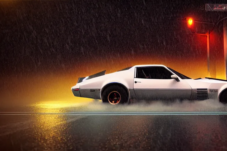 Image similar to hyperdetailed, photorealistic photograph of a 1 9 8 2 pontiac firebird trans - am drifting in the streets, rain, night, dense fog, hd, unreal engine 5 by greg rutowski, by stanley artgerm, by alphonse mucha