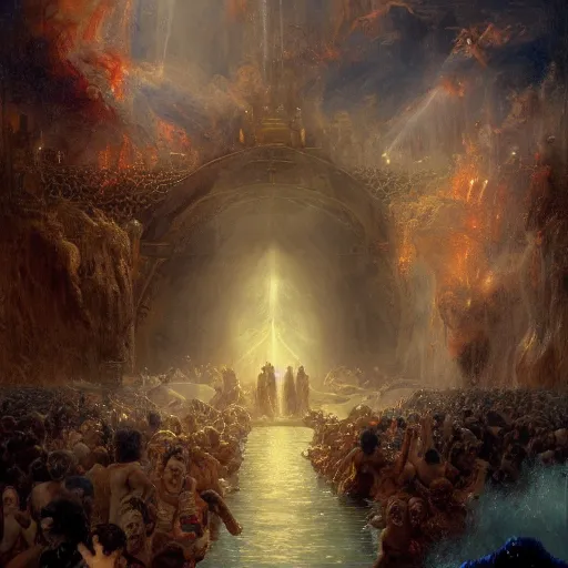 Image similar to alvah angelrune water portal to hell located in heaven, crowd of people, rule of thirds, 4 k, dark bright effect, highly detailed painting by gaston bussiere, craig mullins, j. c. leyendecker