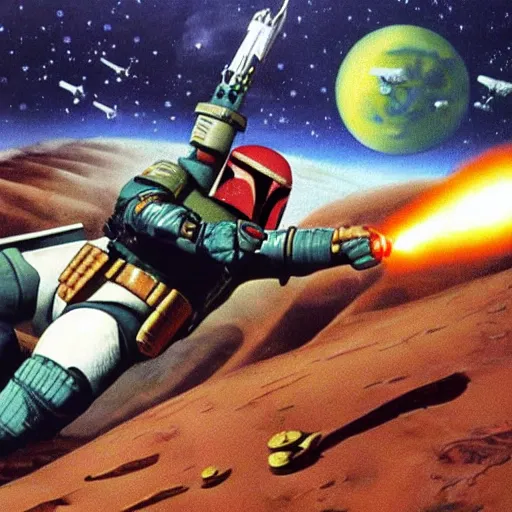 Prompt: captain kirk fighting boba fett on mars